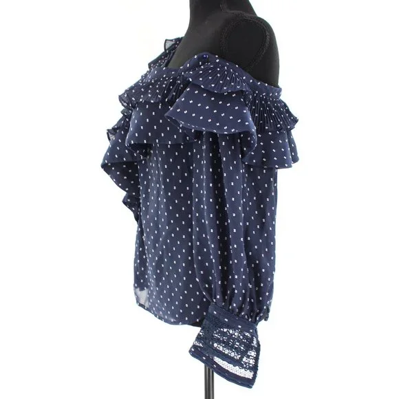 Self-Portrait Navy White Swiss Dot Plumetis Frilled One Shoulder Blouse Top 0 XS - Picture 5 of 9